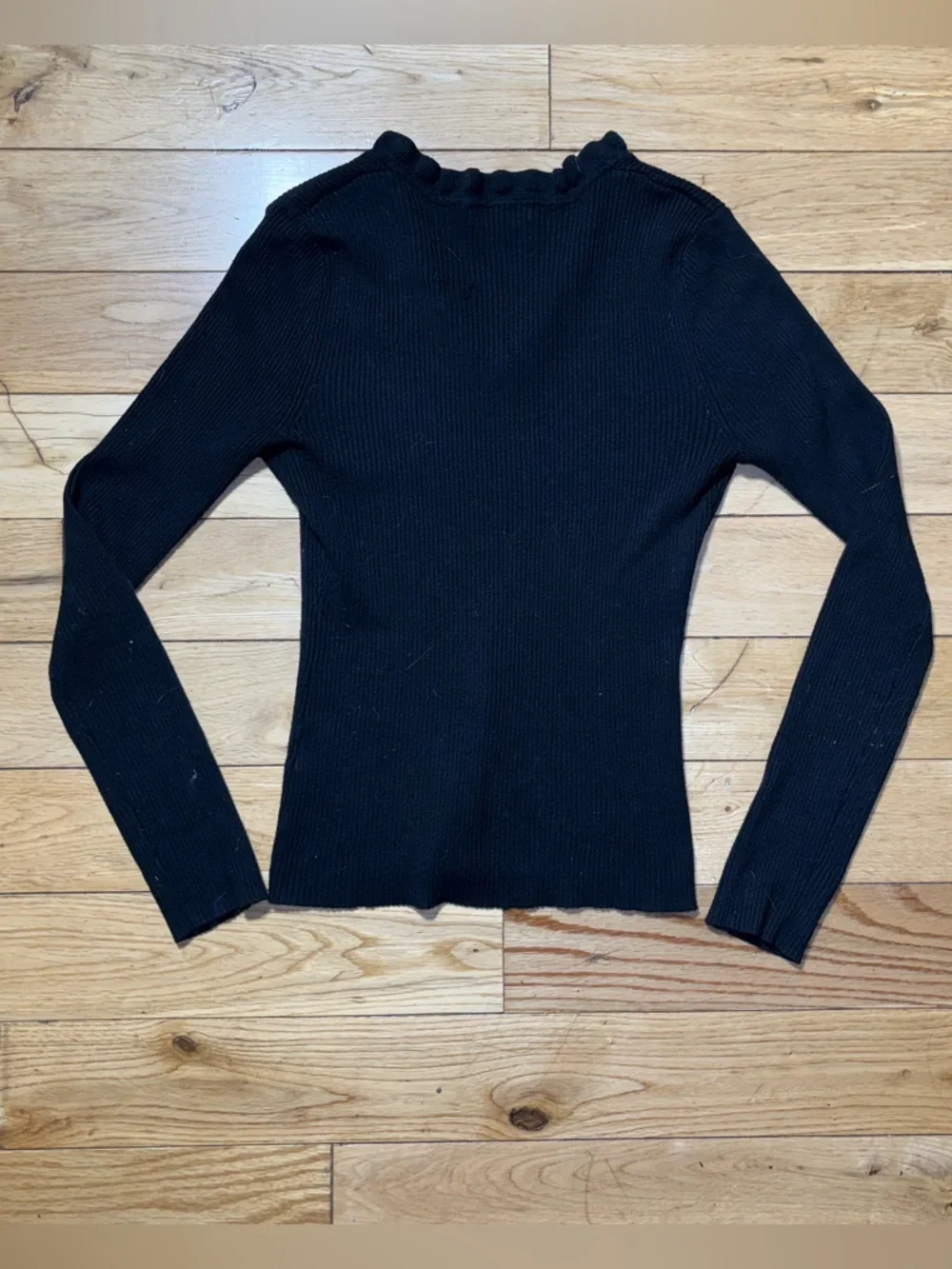 Ribbed Black V-Neck Sweater Ruffle Trim Long Sleeve Size M